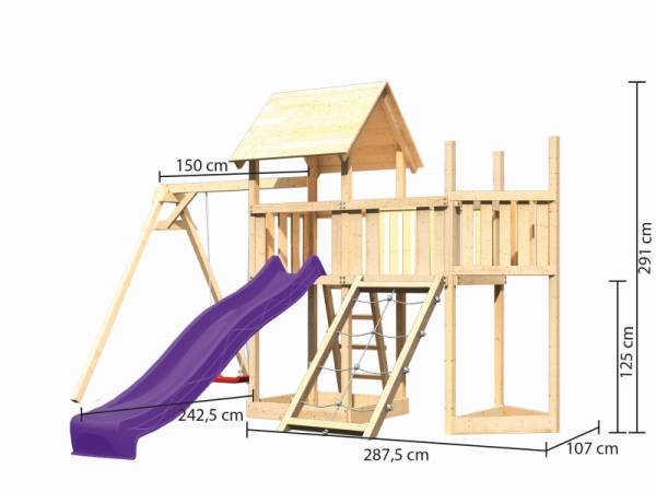 Akubi Spielturm Lotti Satteldach + Schiffsanbau oben + Anbauplattform + Einzelschaukel + Netzrampe + Rutsche in violett