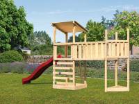 Akubi Spielturm Anna + Rutsche rot + Anbauplattform XL + Kletterwand + Schiffsanbau oben