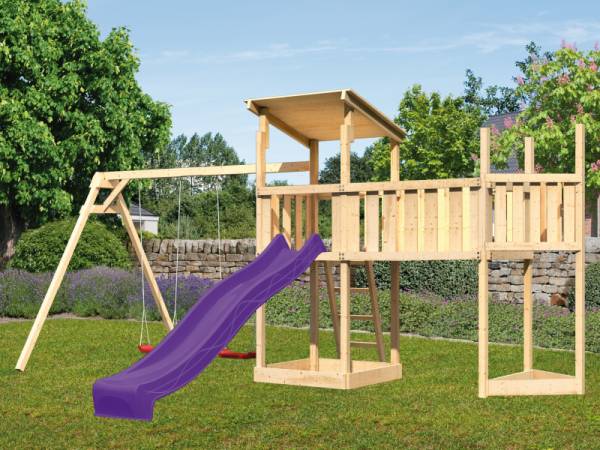 Akubi Spielturm Anna + Rutsche violett + Doppelschaukel + Anbauplattform XL + Schiffsanbau oben