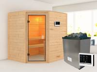 Karibu Sauna Mia inkl. 9 kW Ofen ext. Steuerung, mit klassischer Saunatür -ohne Dachkranz-