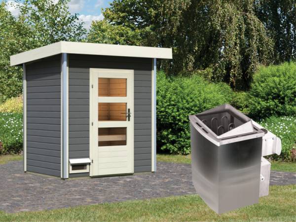 Karibu Saunahaus Jorgen terragrau- 38 mm- 9 kW Ofen integr. Strg - Moderne Saunatür Karibu Saunahaus Jorgen terragrau- 38 mm- 9 kW Ofen integr. Strg - Moderne Saunatür