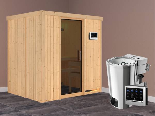 Fanja - Karibu Sauna Plug &amp; Play 3,6 kW Bio Ofen, ext. Steuerung - ohne Dachkranz - Moderne Saunatür