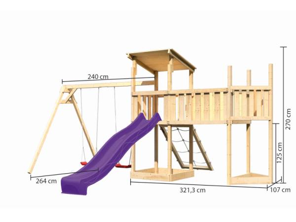 Akubi Spielturm Anna + Rutsche violett + Doppelschaukel + Anbauplattform XL + Netzrampe + Schiffsanbau oben