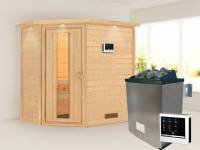 Karibu Sauna Svea inkl. 9 kW Ofen ext. Steuerung mit energiesparender Tür -mit Dachkranz-