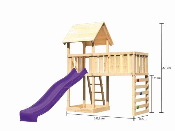 Akubi Spielturm Lotti natur mit Anbauplattform XL, Kletterwand und Rutsche violett