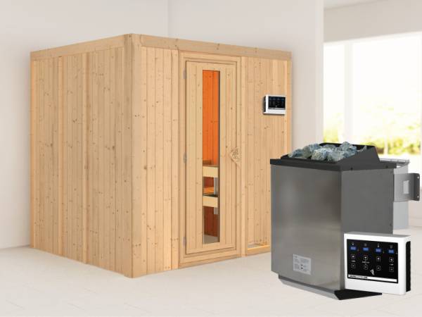 Karibu Sauna Sodin inkl. 9 kW Bioofen ext. Steuerung mit energiesparender Saunatür - ohne Dachkranz -