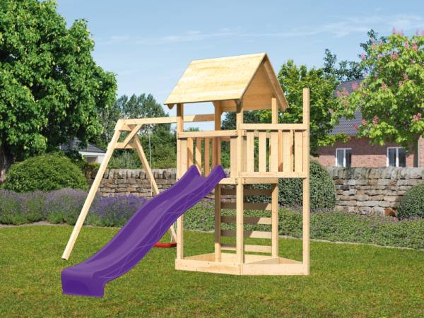 Akubi Spielturm Lotti Satteldach + Schiffsanbau oben + Einzelschaukel + Kletterwand + Rutsche in violett