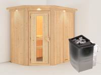Karibu Sauna Carin inkl. 9 kW Ofen integr. Steuerung mit energiesparender Saunatür - mit Dachkranz -