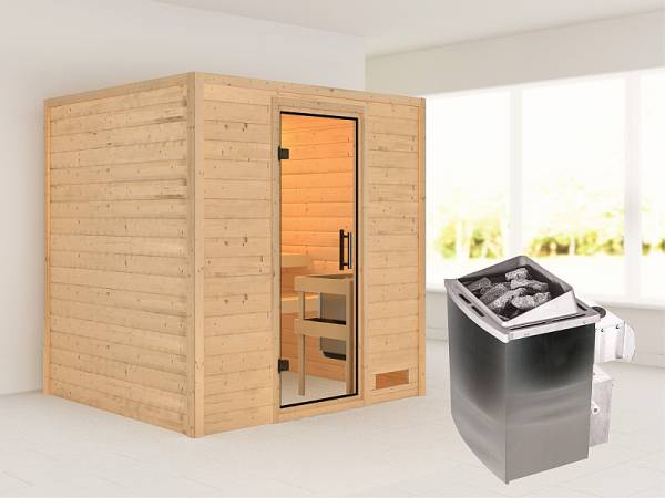 Karibu Woodfeeling Sauna Anja - Klarglas Saunatür - 4,5 kW Ofen integr. Strg. - ohne Dachkranz