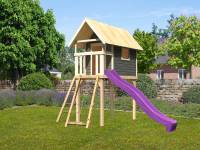 Akubi Stelzenhaus Gernegross terragrau mit Rutsche in violett + Netzrampe