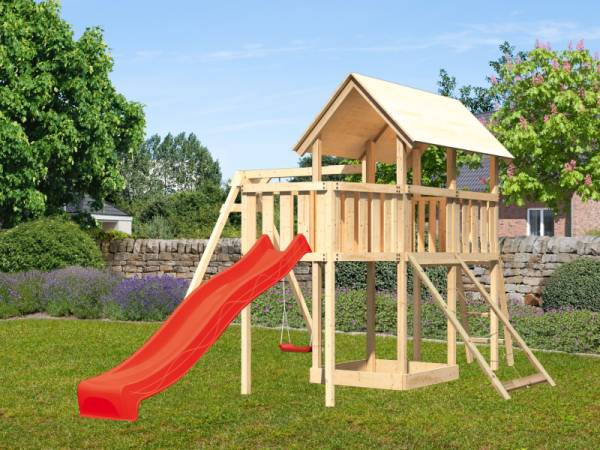 Akubi Spielturm Danny Satteldach + Rutsche rot + Einzelschaukel + Anbauplattform + Netzrampe