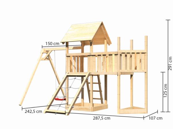 Akubi Spielturm Lotti Satteldach + Schiffsanbau oben + Anbauplattform + Einzelschaukel + Netzrampe