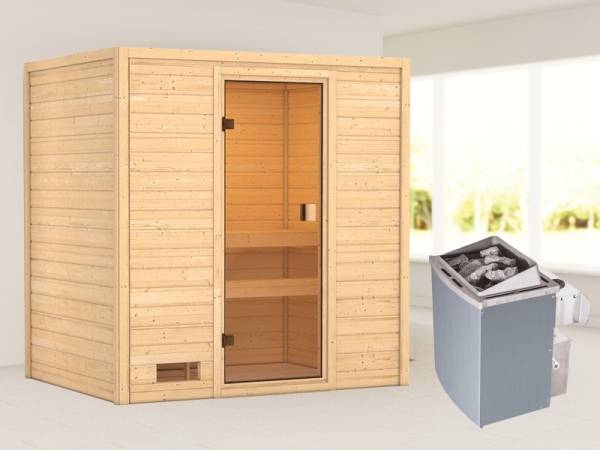 Karibu Sauna Selena mit 9 kW Ofen integr. Strg 38 mm Karibu Sauna Selena mit 9 kW Ofen integr. Strg 38 mm