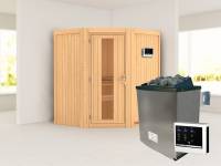 Karibu Sauna Taurin- energiesparende Saunatür- 4,5 kW Ofen ext. Strg- ohne Dachkranz
