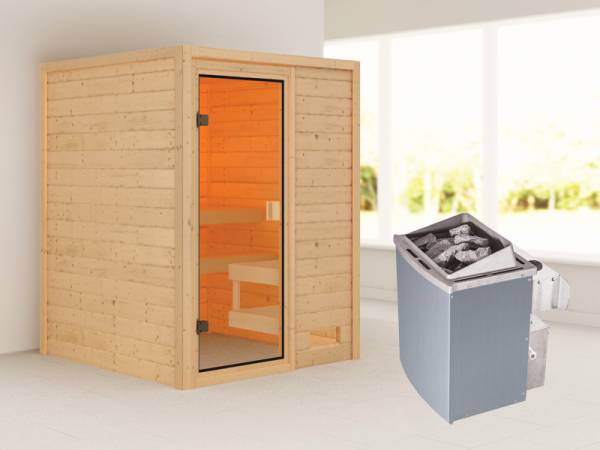 Karibu Woodfeeling Sauna Sandra mit 4,5 kW Ofen integr. Strg ohne Dachkranz Karibu Woodfeeling Sauna Sandra mit 4,5 kW Ofen integr. Strg ohne Dachkranz