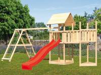 Akubi Spielturm Lotti Satteldach + Schiffsanbau oben + Anbauplattform + Doppelschaukel mit Klettergerüst + Rutsche in rot