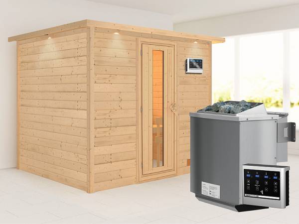Karibu Sauna Karla 38 mm mit Dachkranz- 9 kW Bioofen ext. Strg- energiesparende Tür