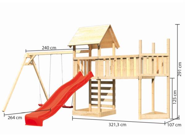 Akubi Spielturm Lotti Satteldach + Schiffsanbau oben + Doppelschaukel + Anbauplattform XL + Kletterwand + Rutsche in rot