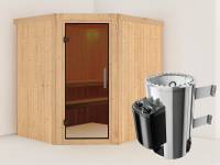 Lilja - Karibu Sauna Plug & Play 3,6 kW Ofen, int. Steuerung - ohne Dachkranz - Moderne Saunatür