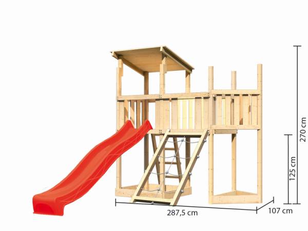 Akubi Spielturm Anna + Rutsche rot + Anbauplattform + Netzrampe + Schiffsanbau oben