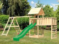Akubi Spielturm Lotti Satteldach + Rutsche grün + Doppelschaukel Klettergerüst + Anbauplattform XL + Kletterwand