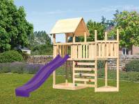 Akubi Spielturm Lotti Satteldach + Schiffsanbau oben + Anbauplattform + Kletterwand + Rutsche in violett