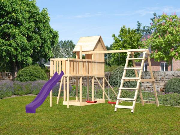 Akubi Stelzenhaus Frieda + Rutsche violett + Doppelschaukel Klettergerüst + Anbauplattform + Netzrampe