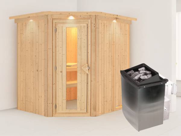 Karibu Sauna Siirin 68 mm- energiesparende Saunatür- 4,5 kW Ofen integr. Strg- mit Dachkranz