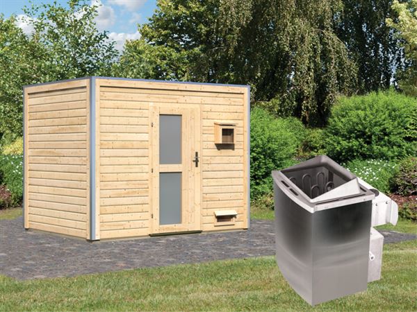 Karibu Saunahaus Theo 40 mm- Milchglas Tür- 9 kW Ofen integr. Strg- natur Karibu Saunahaus Theo 40 mm- Milchglas Tür- 9 kW Ofen integr. Strg- natur