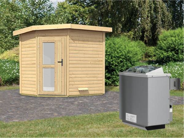Karibu Saunahaus Mikka 38 mm- 9 kW Ofen integr. Strg- Milchglastür Karibu Saunahaus Mikka 38 mm- 9 kW Ofen integr. Strg- Milchglastür