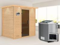 Karibu Sauna Sonja - Moderne Saunatür - 4,5 kW BIO-Ofen ext. Strg. - mit Dachkranz