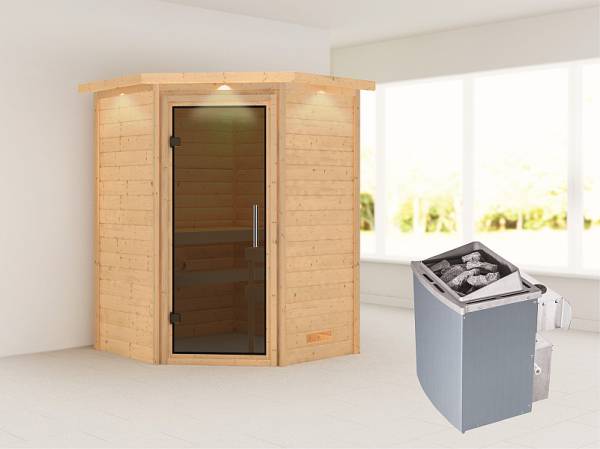 Karibu Woodfeeling Sauna Franka - Moderne Saunatür - 4,5 kW Ofen integr. Strg - mit Dachkranz
