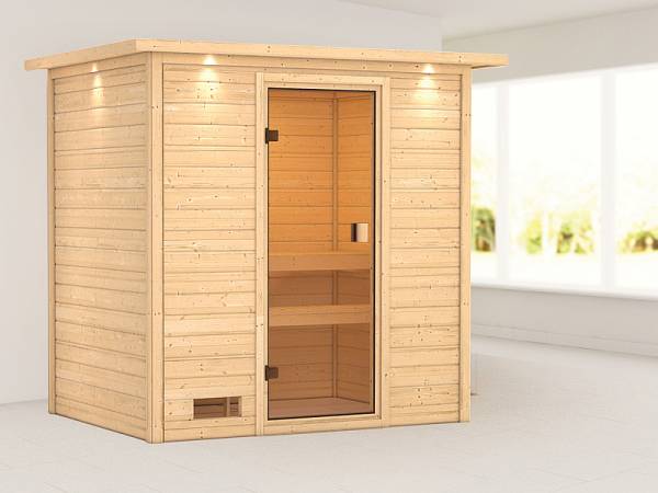 Karibu Woodfeeling Sauna Selena mit Dachkranz 38 mm Karibu Woodfeeling Sauna Selena mit Dachkranz 38 mm