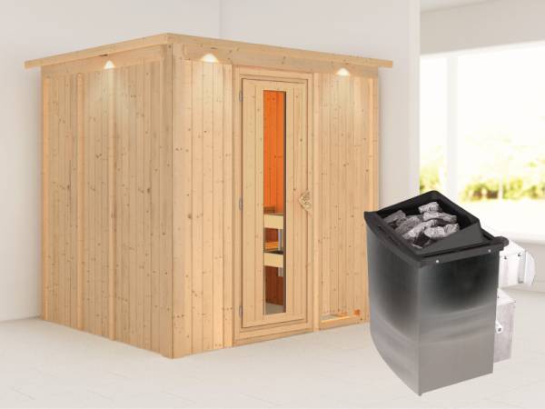 Karibu Sauna Sodin inkl. 9 kW Ofen integr. Steuerung mit energiesparender Saunatür - mit Dachkranz -