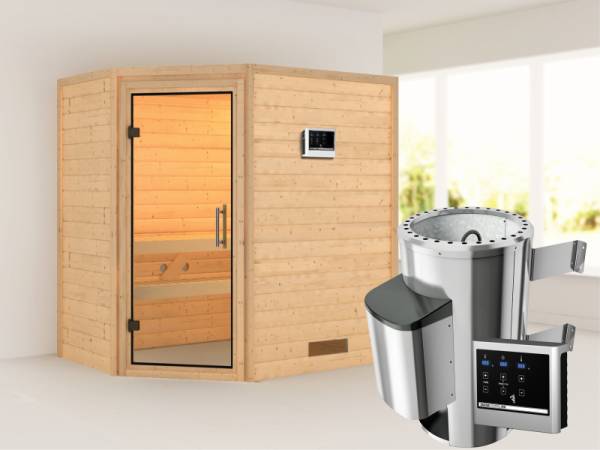 Cilja - Karibu Sauna Plug & Play 3,6 kW Ofen, ext. Steuerung - ohne Dachkranz - Klarglas Ganzglastür