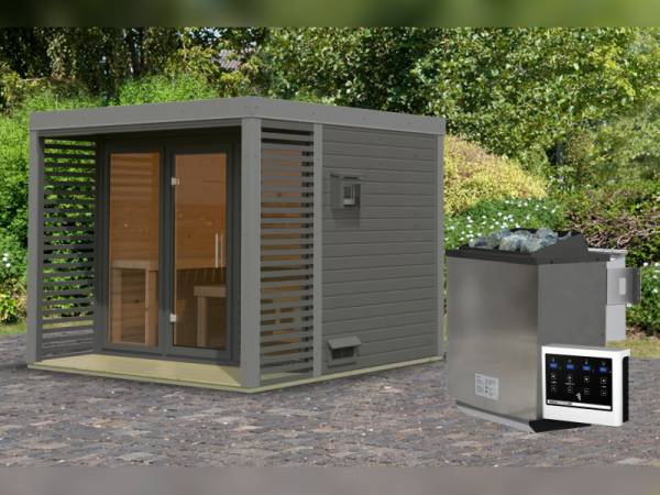 Karibu Hybrid Saunahaus Ares 3, terragrau/staubgrau -inkl. 9 kW Bioofen ext. Steuerung-