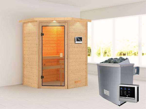 Karibu Woodfeeling Sauna Franka - Classic Saunatür - 4,5 kW Ofen ext. Strg - mit Dachkranz