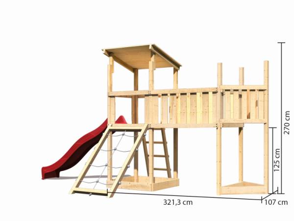Akubi Spielturm Anna + Rutsche rot + Anbauplattform XL + Netzrampe + Schiffsanbau oben