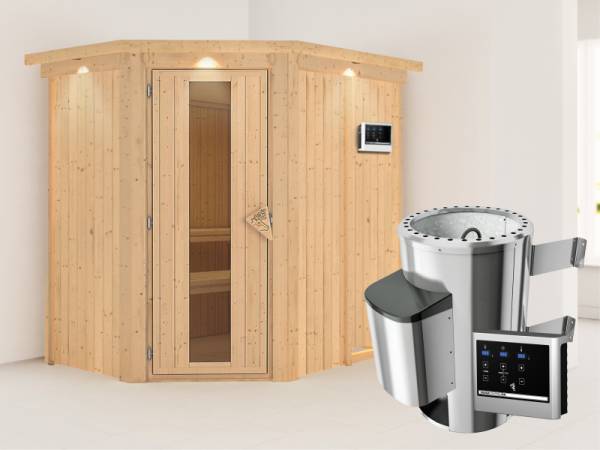 Saja - Karibu Sauna Plug & Play 3,6 kW Ofen, ext. Steuerung - mit Dachkranz - Energiespartür