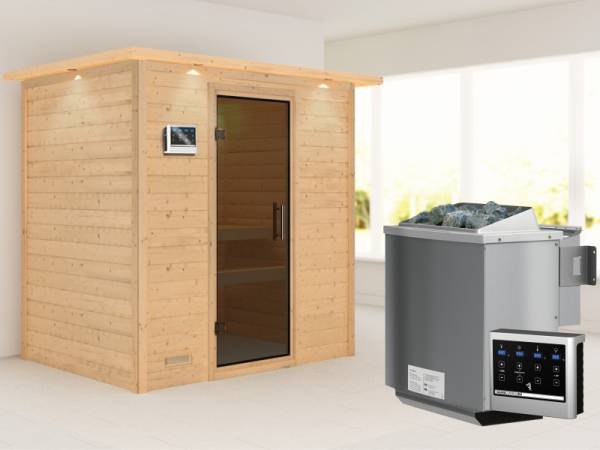Karibu Woodfeeling Sauna Sonja - Moderne Saunatür - 4,5 kW BIO-Ofen ext. Strg. - mit Dachkranz
