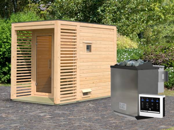 Osb smart choice Saunahaus Patio 1, 38 mm naturbelassen -inkl. 9 kW Bioofen ext. Steuerung- inkl. Dacheindeckung und Fußboden