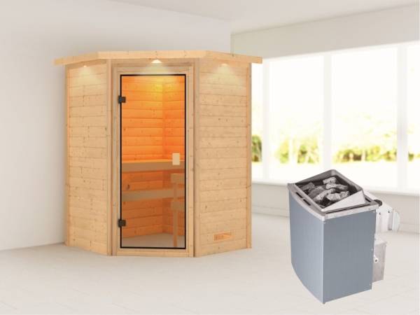 Karibu Sauna Antonia mit 9 kW Ofen integr. Strg und Dachkranz 38 mm Karibu Sauna Antonia mit 9 kW Ofen integr. Strg und Dachkranz 38 mm