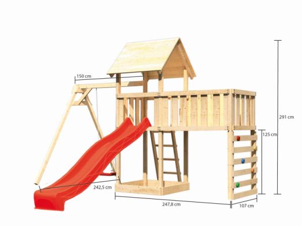 Akubi Spielturm Lotti Satteldach + Rutsche rot + Einzelschaukel + Anbauplattform XL + Kletterwand
