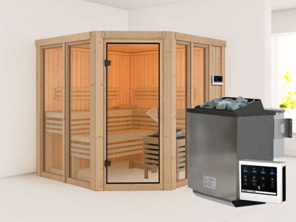 Karibu Sauna Airi, inkl. 9 kW Bioofen ext. Steuerung - ohne Dachkranz -
