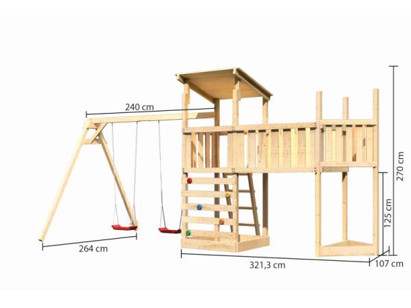 Akubi Spielturm Anna + Doppelschaukel + Anbauplattform XL + Kletterwand + Schiffsanbau oben