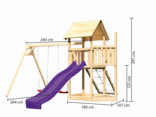 Akubi Spielturm Lotti Satteldach + Schiffsanbau oben + Doppelschaukel + Netzrampe + Rutsche in violett