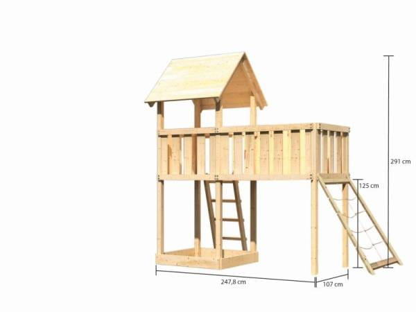 Akubi Spielturm Lotti natur mit Anbauplattform XL und Netzrampe