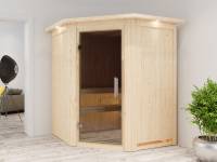 Karibu Sauna Larin inkl. 9 kW Ofen integrierte Steuerung,mit moderner Saunatür - mit Dachkranz -