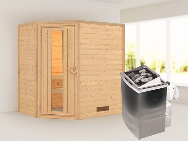 Karibu Sauna Svea - energiesparende Saunatür - 4,5 kW Ofen integr. Strg. - ohne Dachkranz