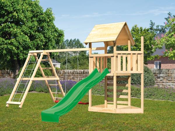 Akubi Spielturm Lotti Satteldach + Schiffsanbau oben + Doppelschaukel mit Klettergerüst + Kletterwand + Rutsche in grün